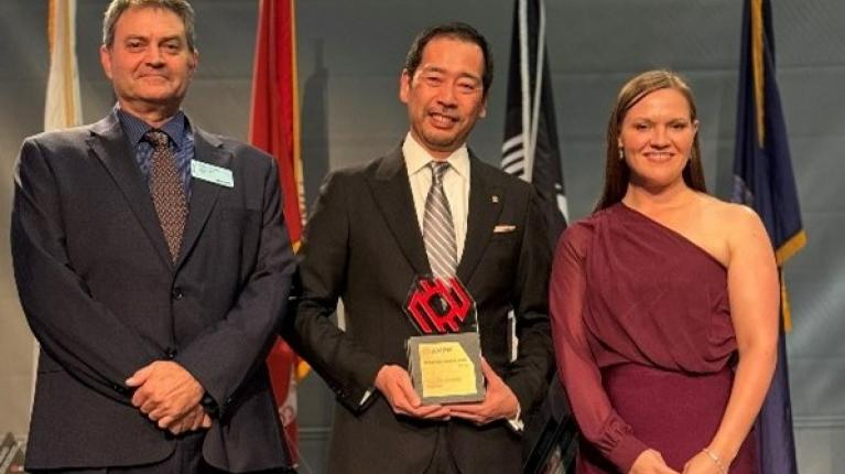 Award ceremony during the AMPP 2024 Conference & Expo. (From left; AMPP Chair/Mr. Paul Vinik, Dr. H. Amaya, AMPP Global Center Board Chair/ Ms. Kristin Leonard)